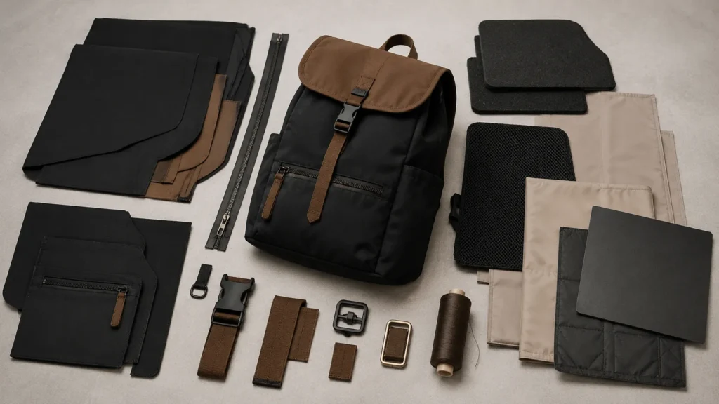 Backpack components including shell fabric, lining, foam, mesh, zippers, webbing, and buckles