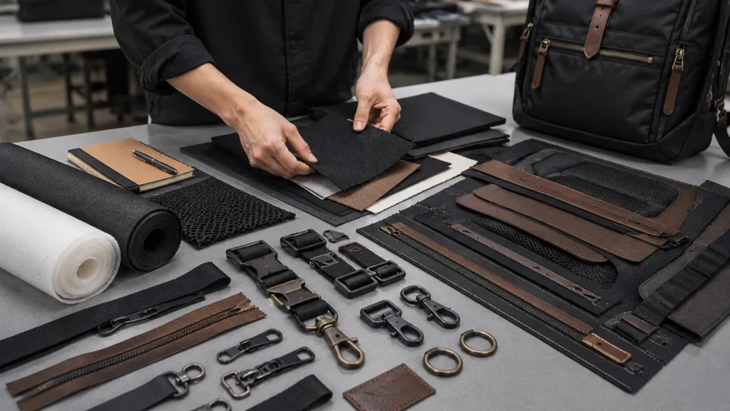 Backpack materials and hardware arranged on a product development worktable