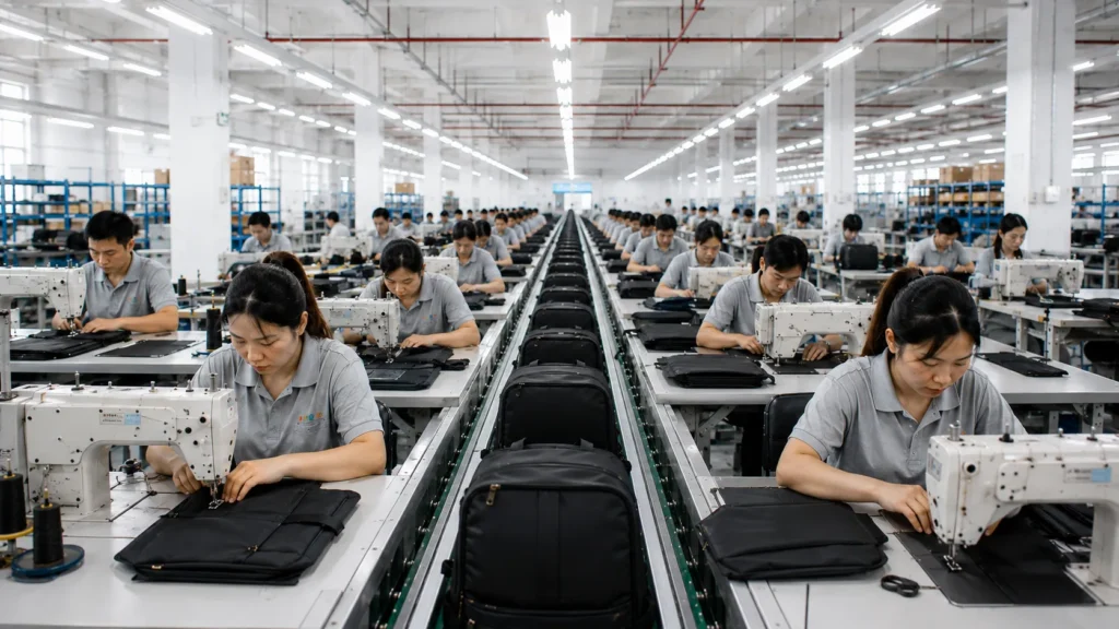 Backpack sewing and assembly production line