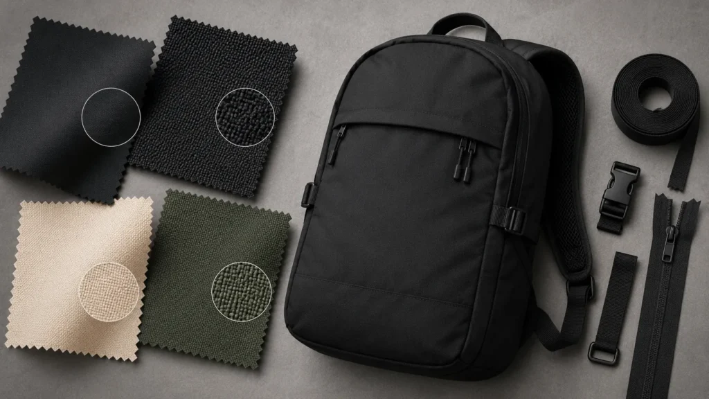 Common backpack materials including nylon, polyester, canvas, and recycled fabric