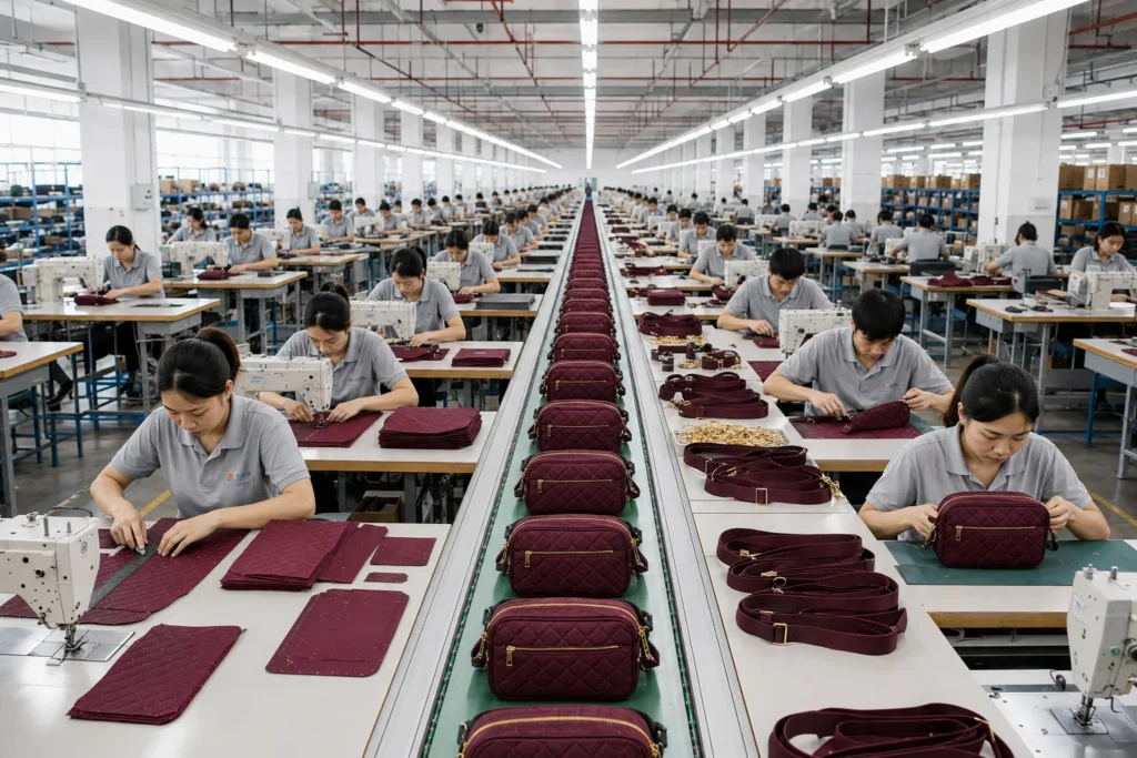 Workers producing quilted fanny packs on a large factory production line