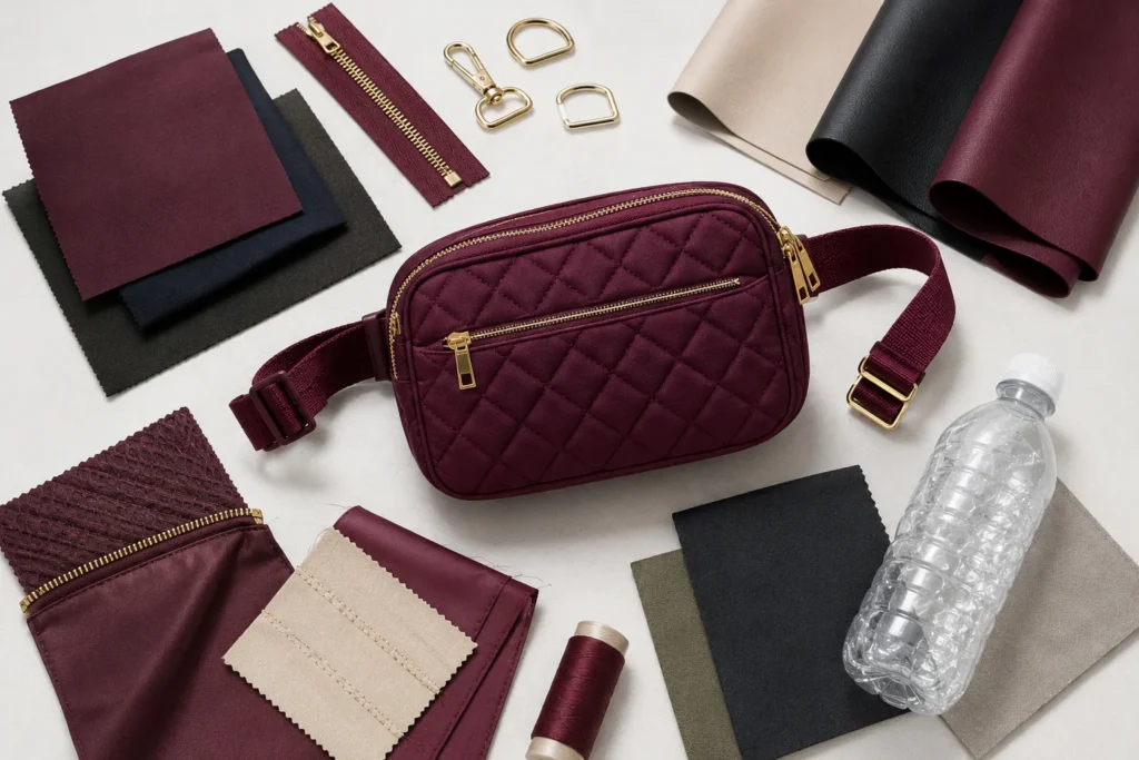 Fanny pack materials and components including quilted fabric, zipper, webbing, hardware, and recycled material sample