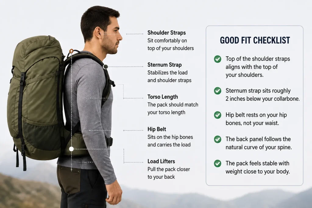 Backpack fit guide showing shoulder straps, sternum strap, torso length, hip belt, and load lifters