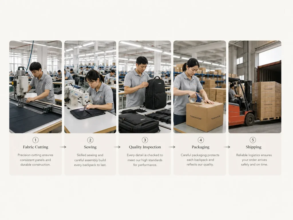 Backpack manufacturing process including fabric cutting, sewing, quality inspection, packaging, and shipping