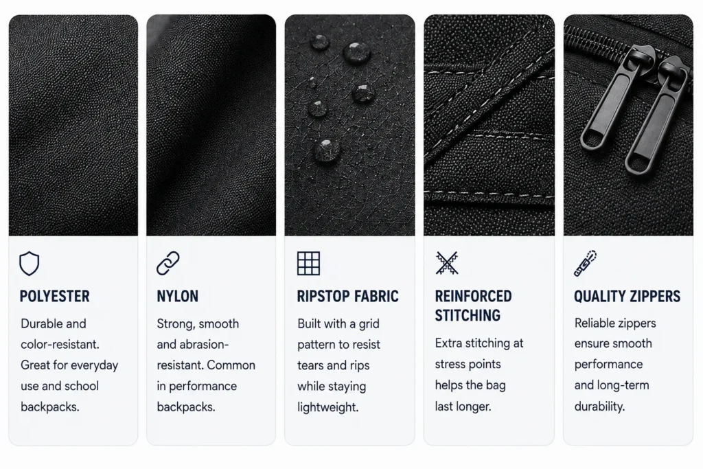 Backpack materials and durability features including polyester, nylon, ripstop fabric, reinforced stitching, and quality zippers