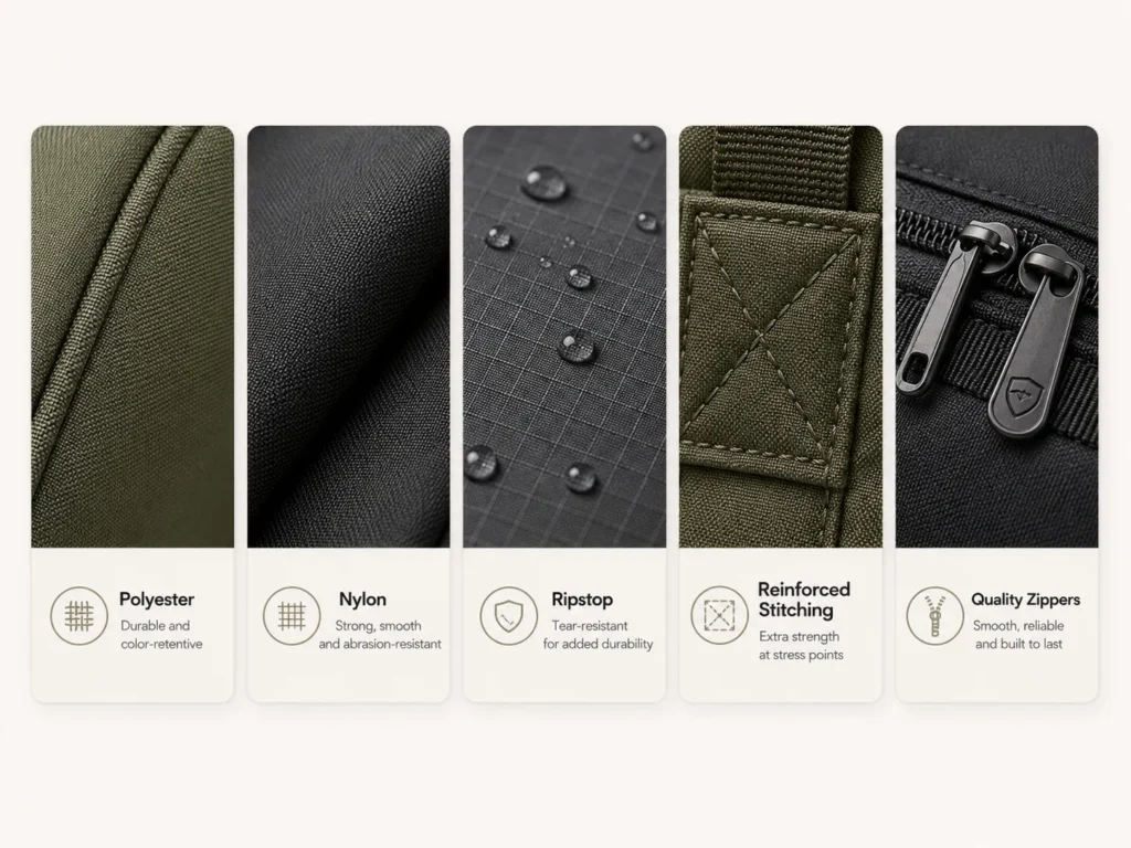 Backpack materials and durability details including polyester, nylon, ripstop, reinforced stitching, and zippers