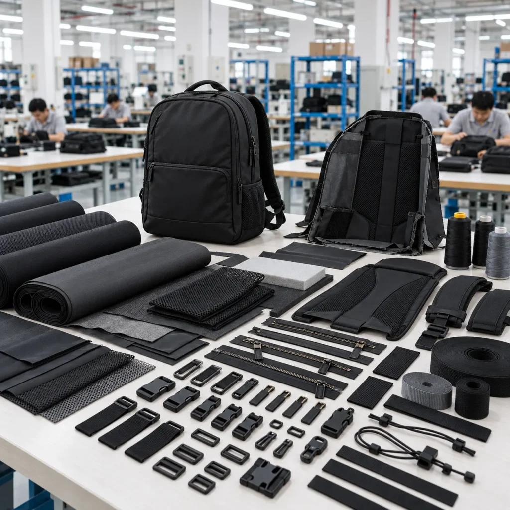 Backpack materials and components used in manufacturing