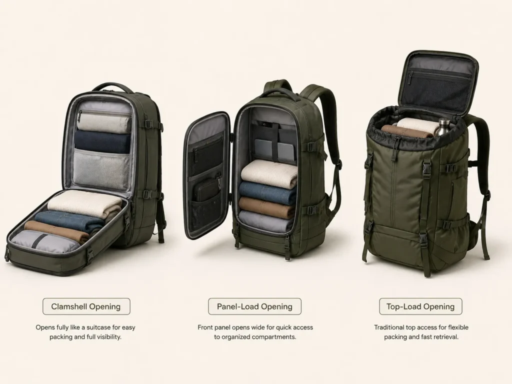 Clamshell, panel-loading, and top-loading backpack opening styles