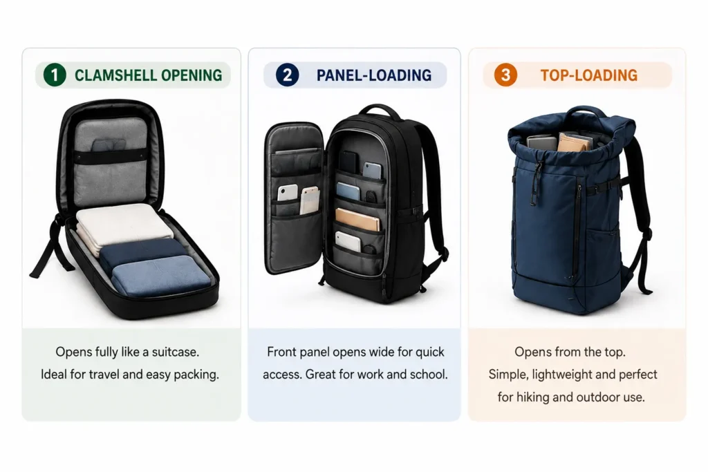 Clamshell, panel-loading, and top-loading backpack opening styles