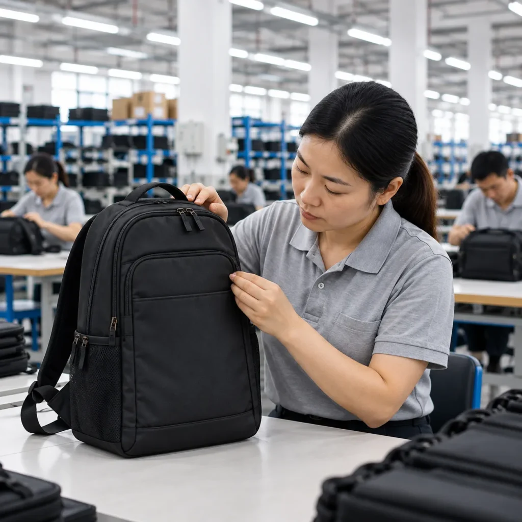 Backpack quality control inspection in factory