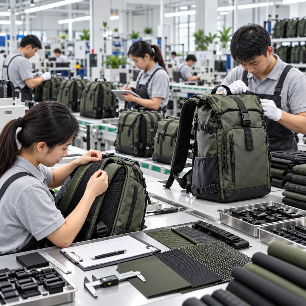 Backpack factory quality control inspection during manufacturing
