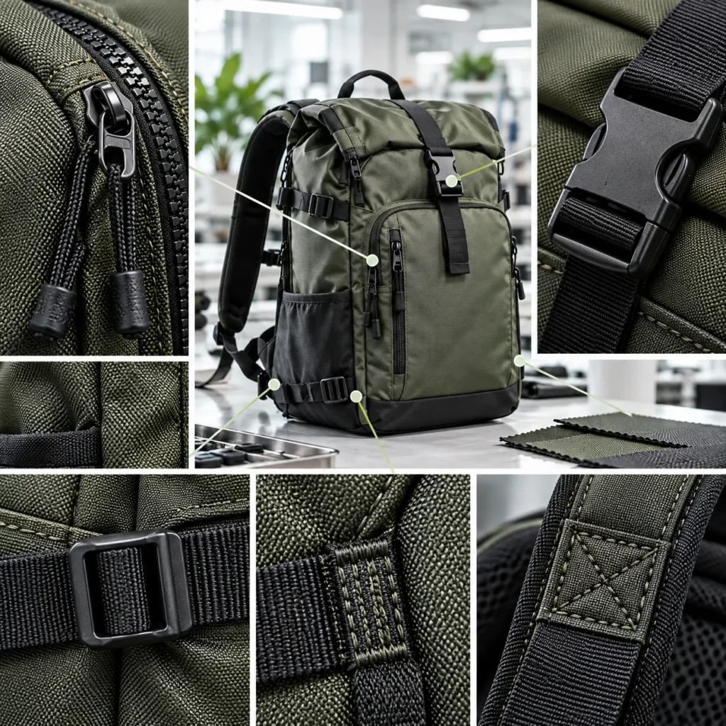 Backpack zipper buckle bartack and reinforced stitching construction details