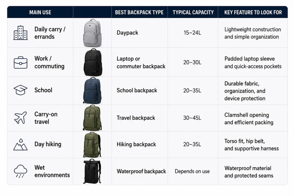 Best backpack types for daily carry, work, school, travel, hiking, and wet conditions
