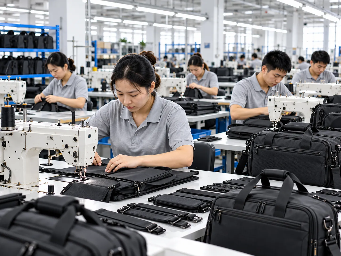 Skilled workers sewing and assembling convertible travel bag components on a factory worktable