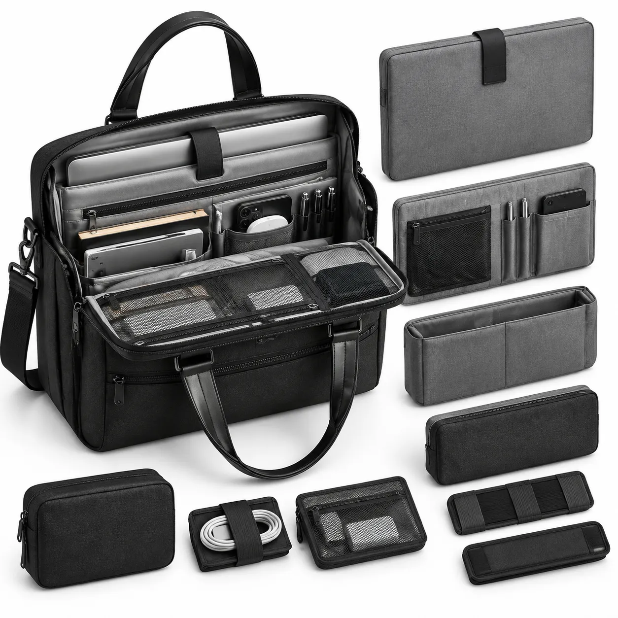 Laptop briefcase structure customization showing padded laptop compartments, lining, internal organization and tote construction details.