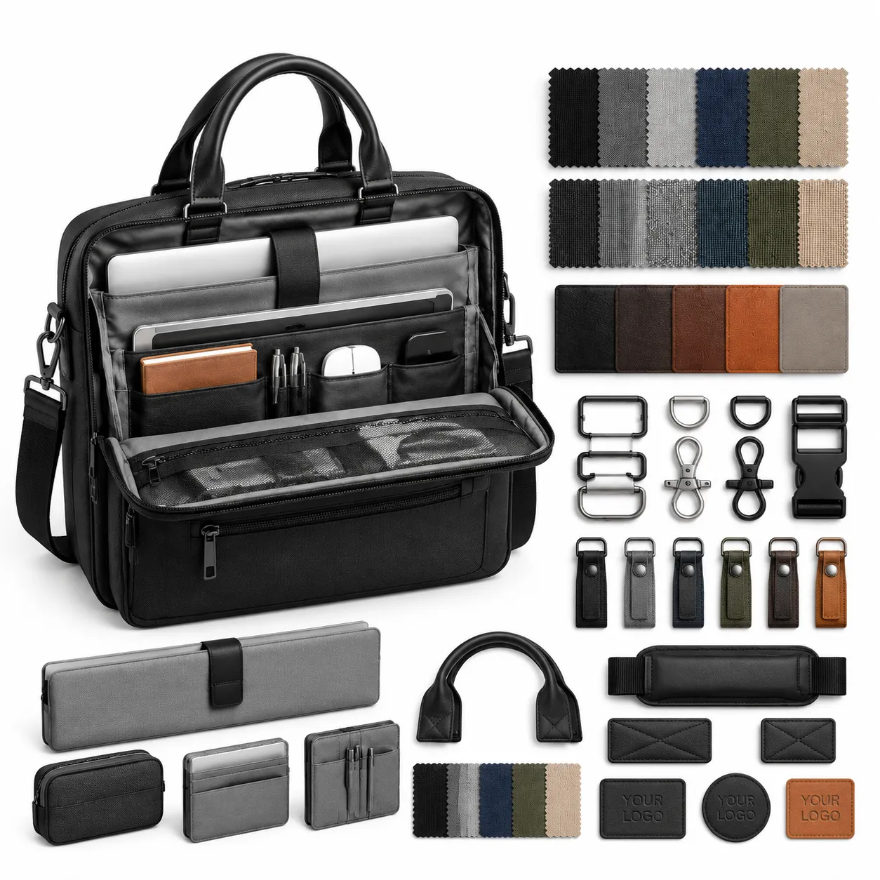 Laptop briefcase material and hardware customization showing fabrics, zippers, handles, metal components and branding options.