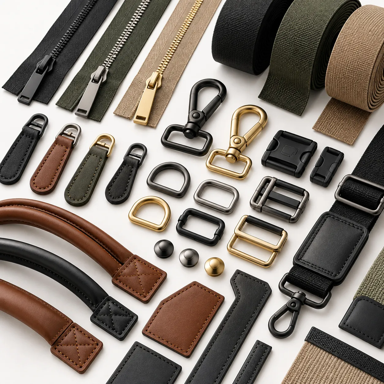 Custom weekender travel bag hardware components including zippers handles straps and buckles