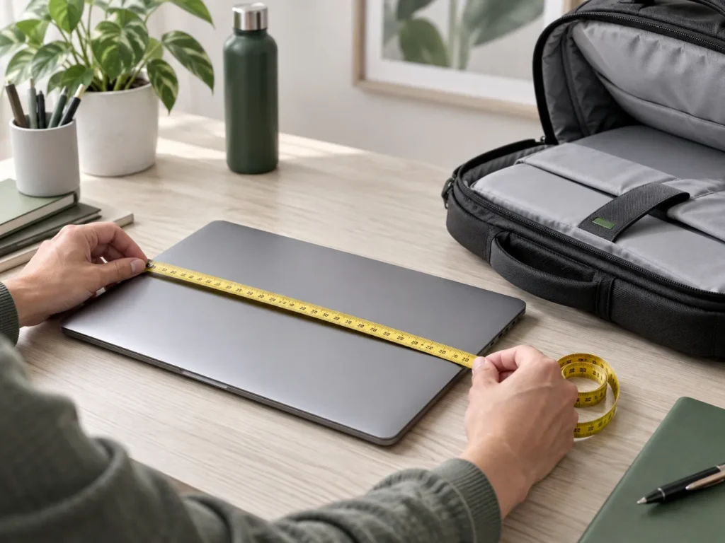Measure laptop width with a tape measure for laptop bag fitting