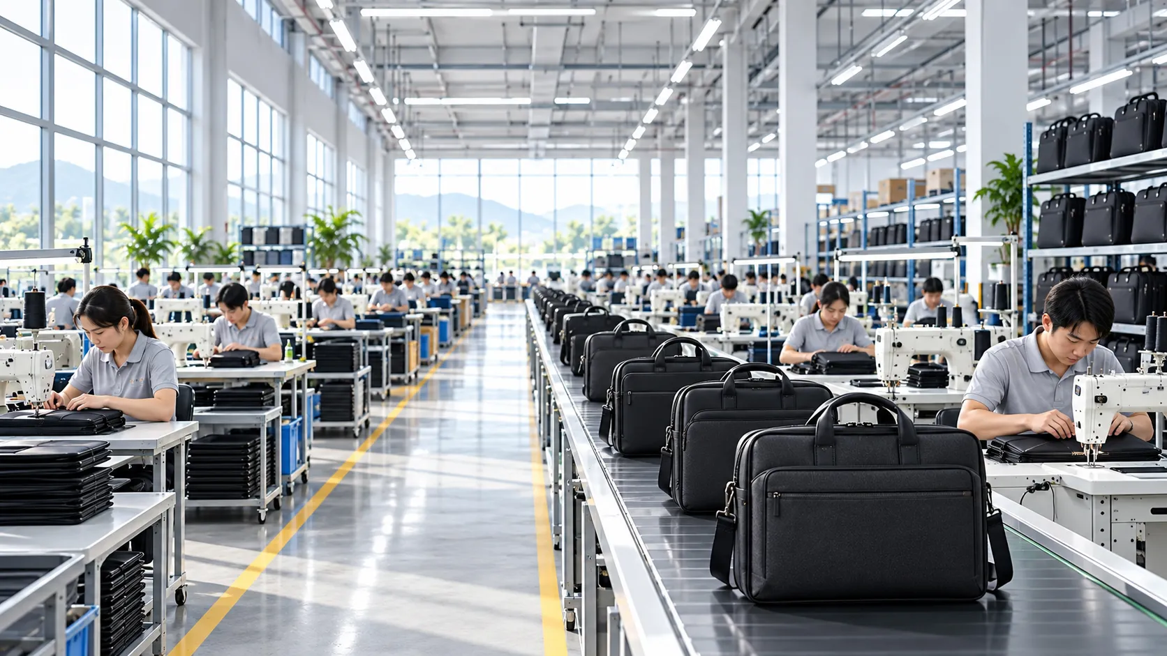 Professional laptop bag manufacturing factory scene