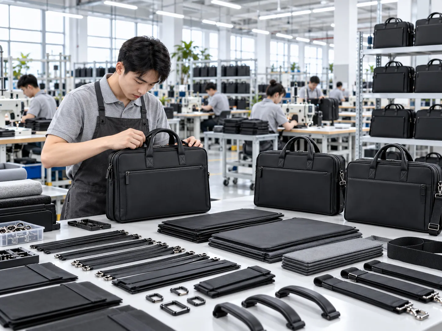A premium laptop briefcase manufacturing factory production line showing workers sewing and inspecting structured laptop briefcases