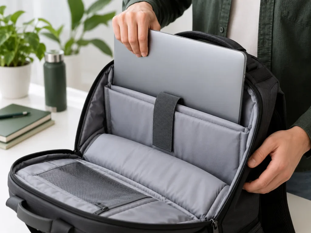 Laptop compartment size inside a padded backpack for laptop fitting