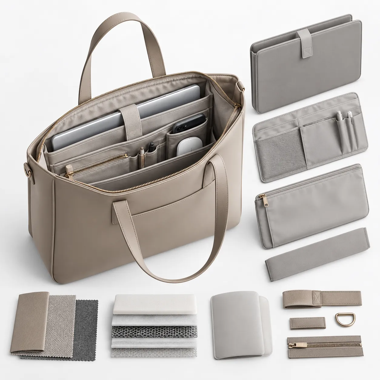 Laptop tote bag structure customization showing padded laptop compartments, lining, internal organization and tote construction details.