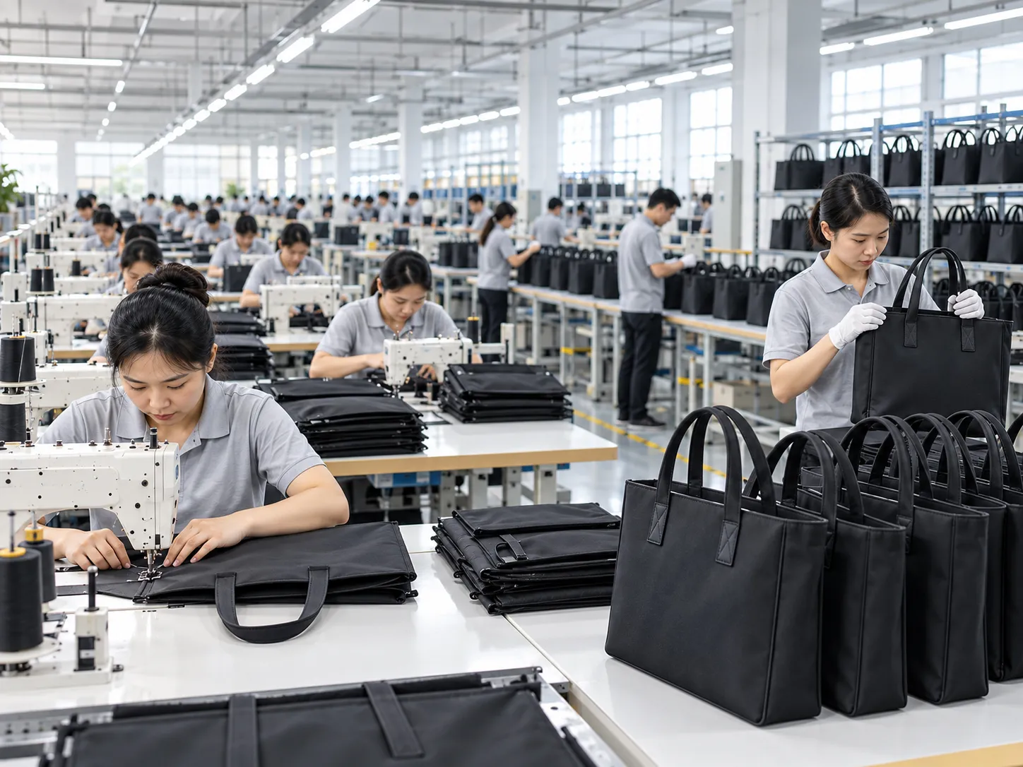 A premium laptop tote bag manufacturing factory production line showing workers sewing and inspecting structured laptop tote bags