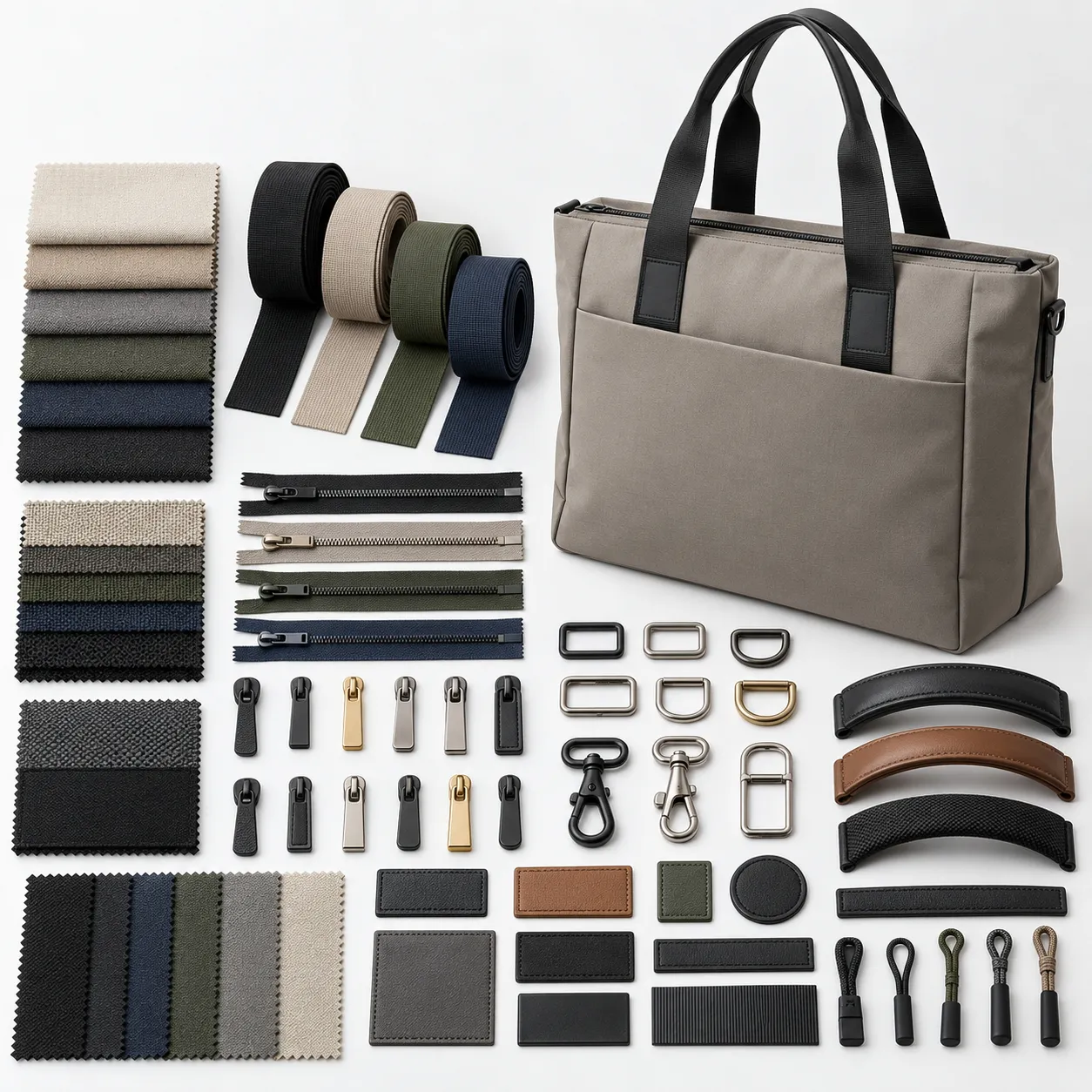 Laptop tote bag material and hardware customization showing fabrics, zippers, handles, metal components and branding options.