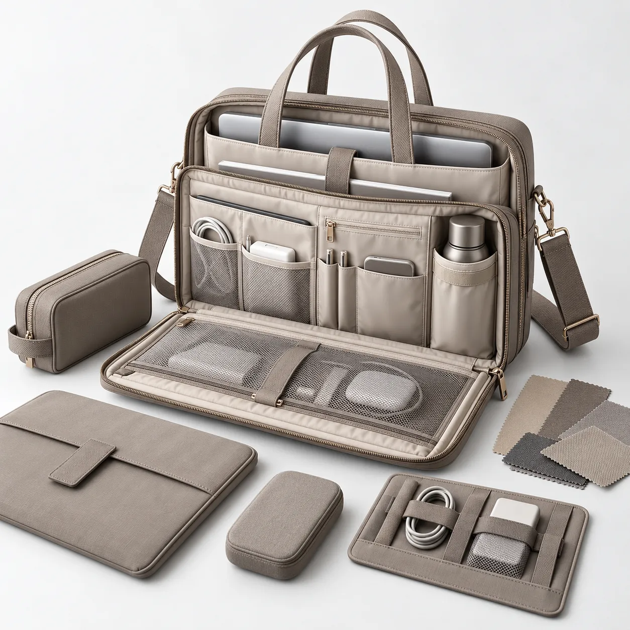 Laptop travel bag structure customization showing padded laptop compartments, travel organization, lining and reinforced construction details.