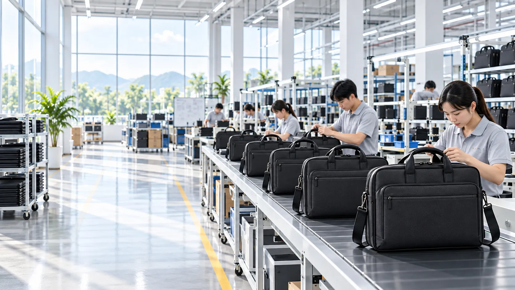 Laptop travel bag factory production scene