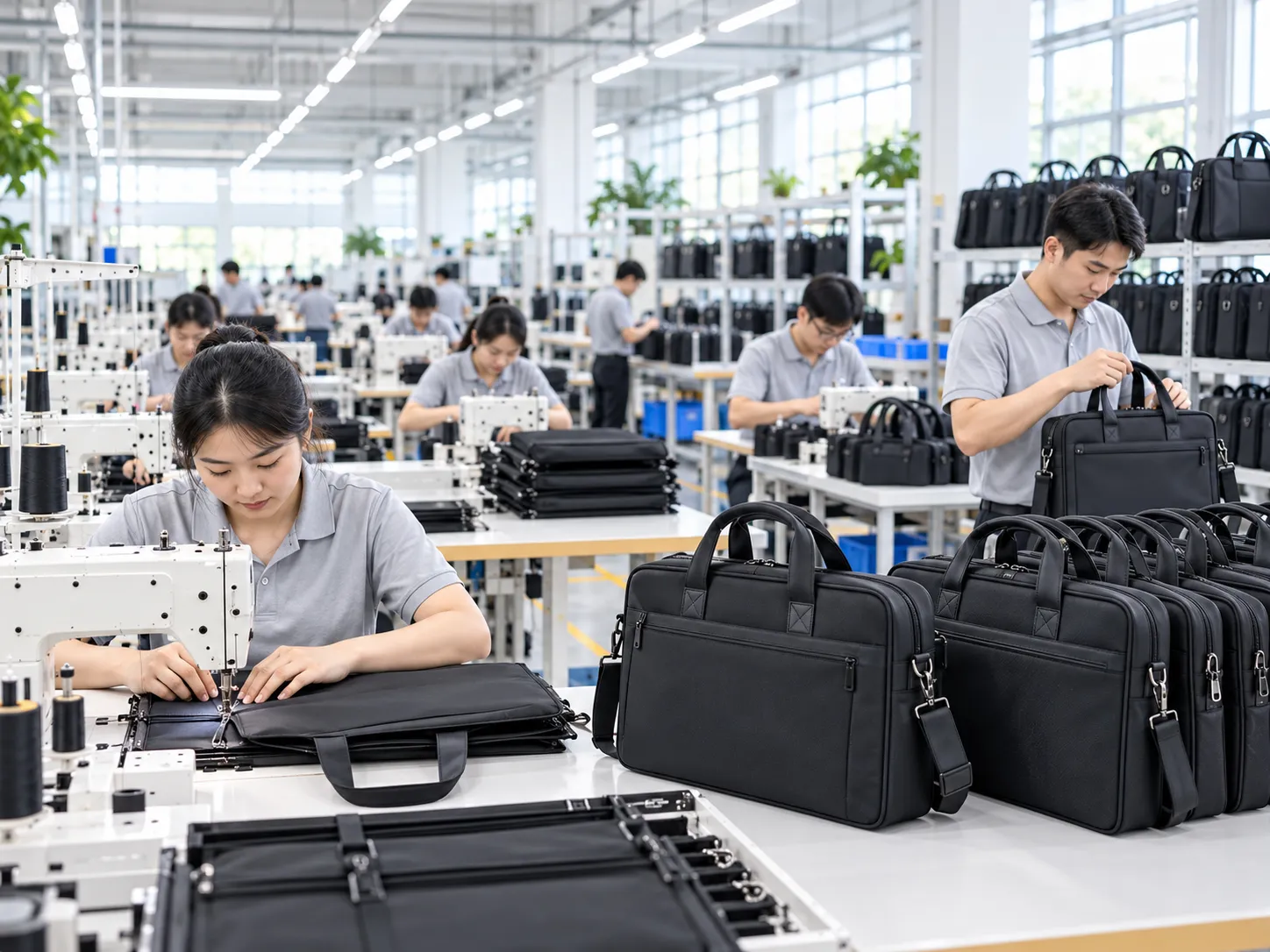A laptop travel bag manufacturing factory production line showing workers sewing and inspecting structured laptop travel bags