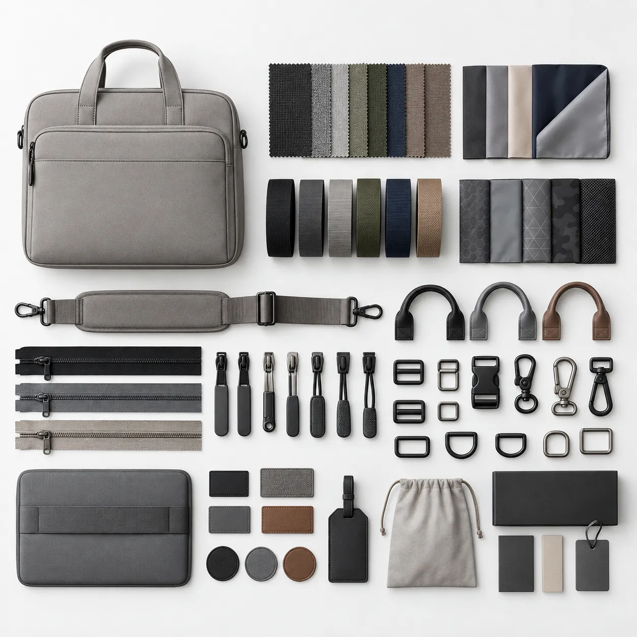 Laptop travel bag material and hardware customization showing fabrics, zippers, carry handles, shoulder straps, hardware and branding options.