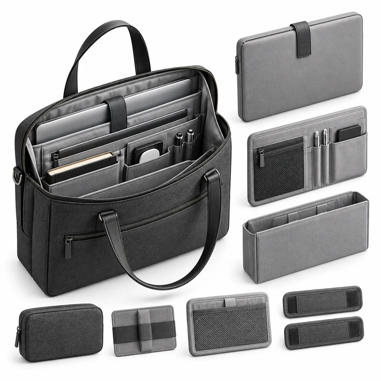 Laptop work bag structure customization showing padded laptop compartments, lining, internal organization and tote construction details.