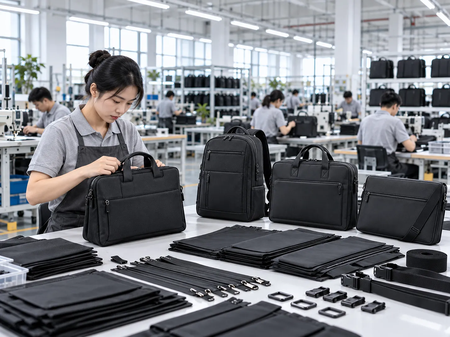A premium laptop work bag manufacturing factory production line showing workers sewing and inspecting structured laptop work bags