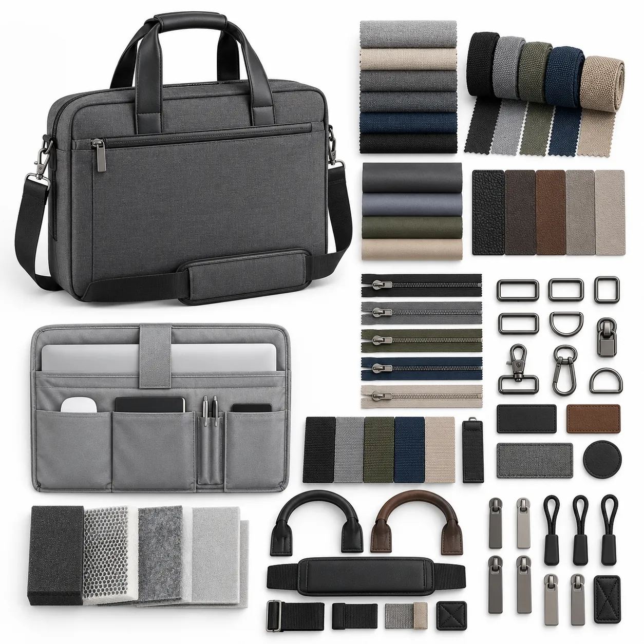 Laptop work bag material and hardware customization showing fabrics, zippers, handles, metal components and branding options.