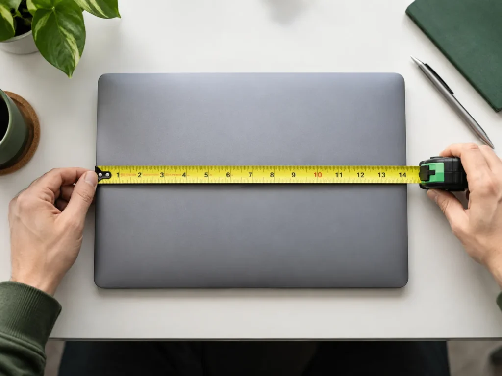 Measure laptop width with a tape measure for laptop bag fitting