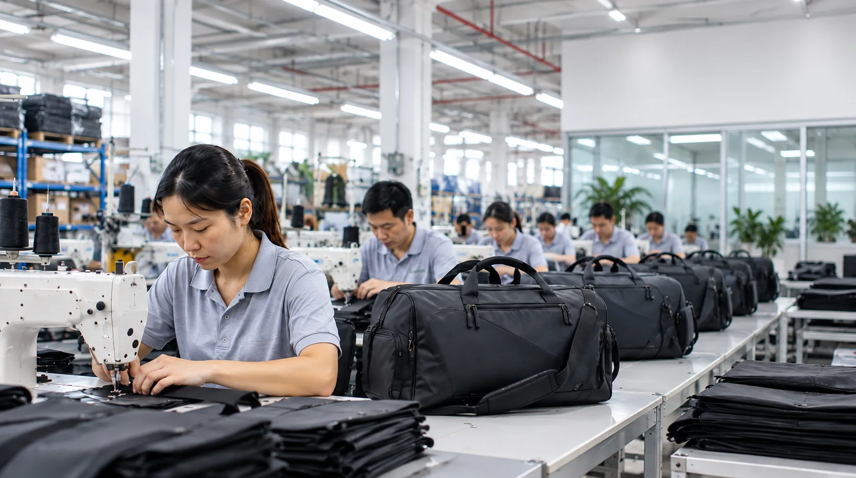 Professional travel bag manufacturing factory scene