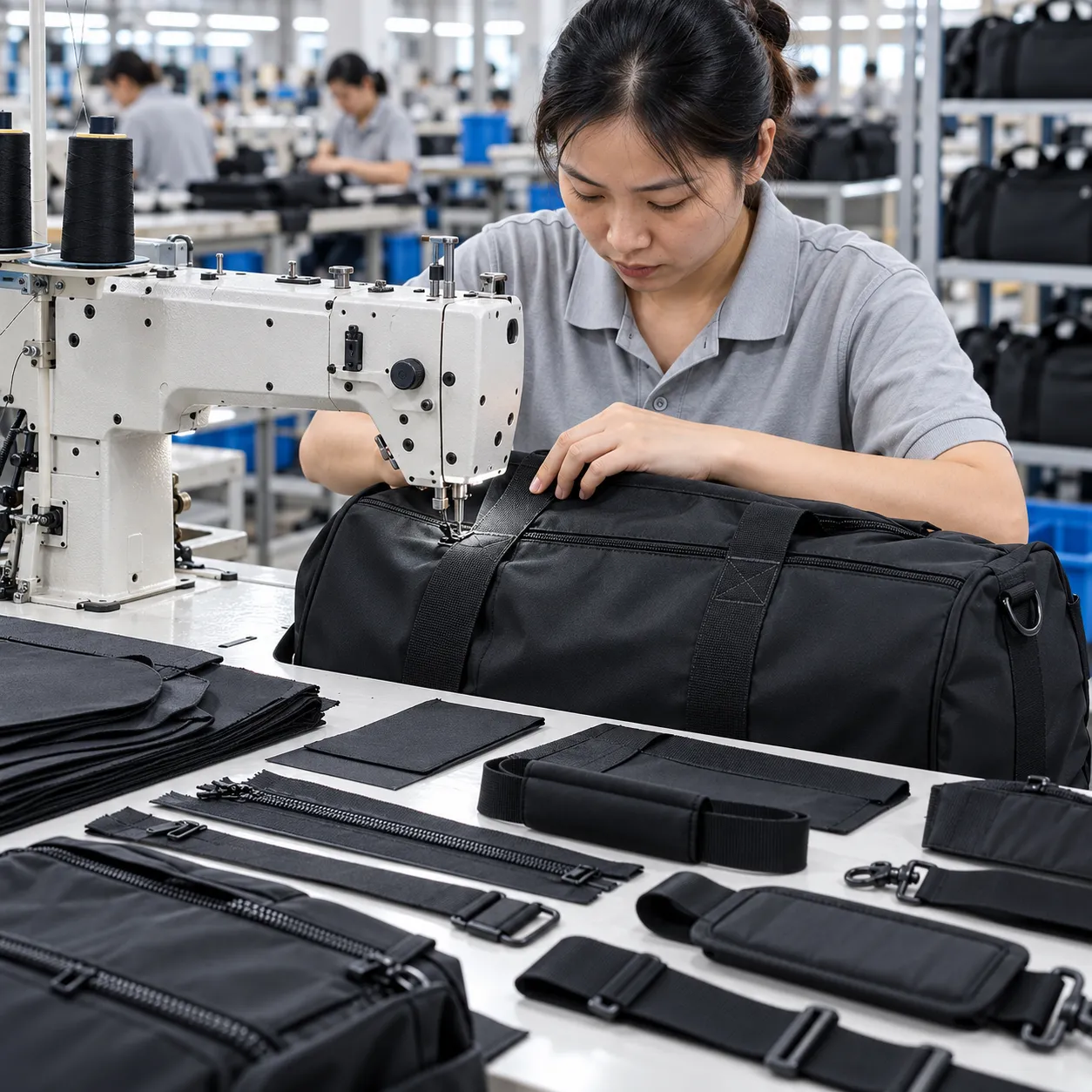 Worker sewing and assembling travel duffel bag components on a factory worktable
