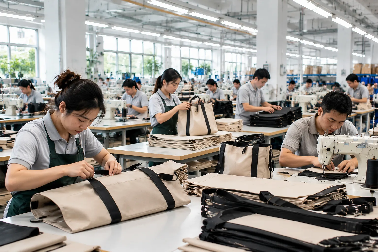 Travel tote bag manufacturing capabilities with workers sewing and assembling bags in factory