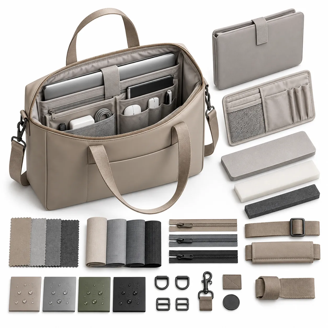 Waterproof laptop bag structure customization showing padded laptop compartments, protective lining, internal organization and reinforced construction details.