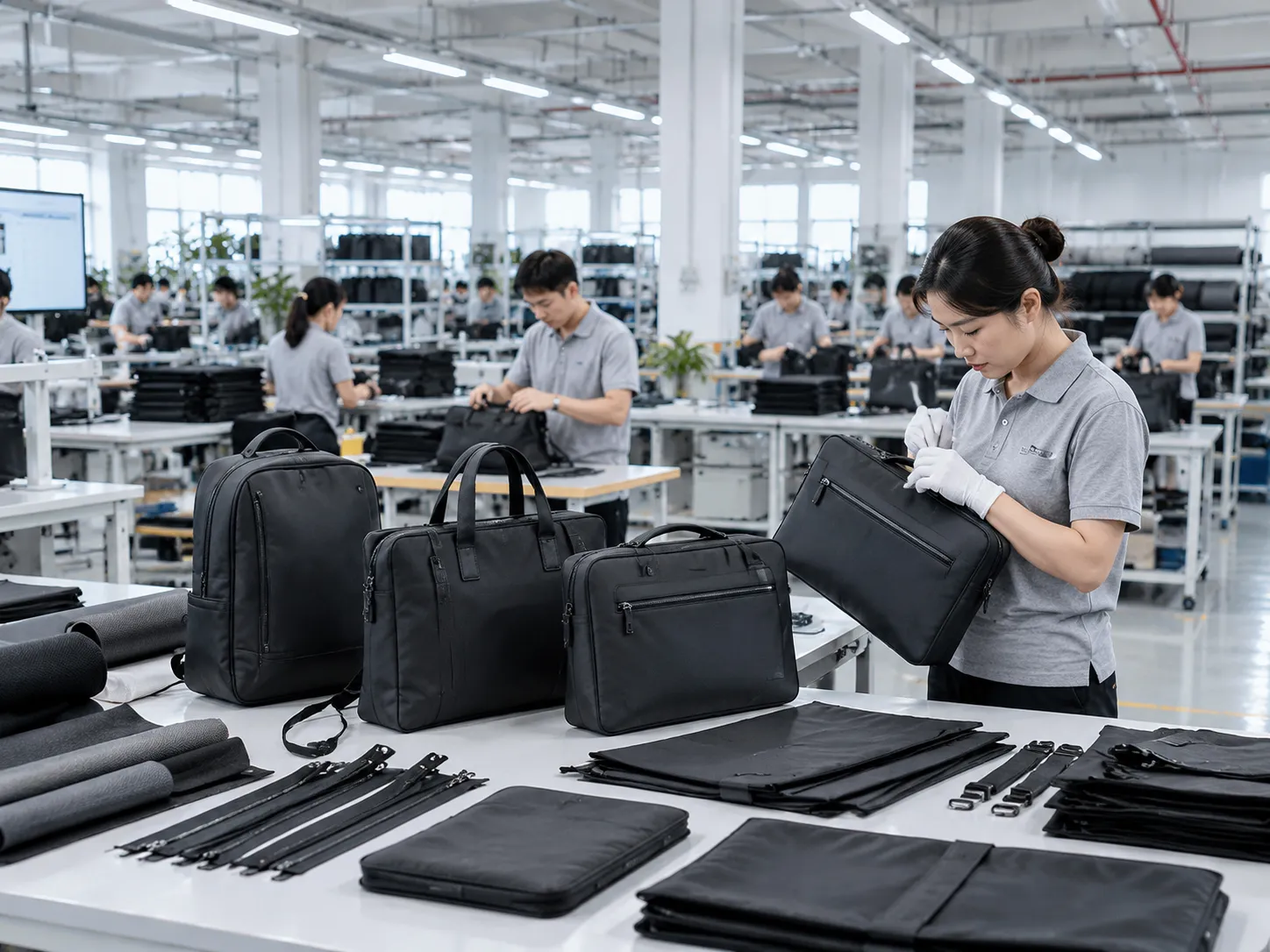 A waterproof laptop bag manufacturing factory production line showing workers sewing and inspecting protective laptop bags