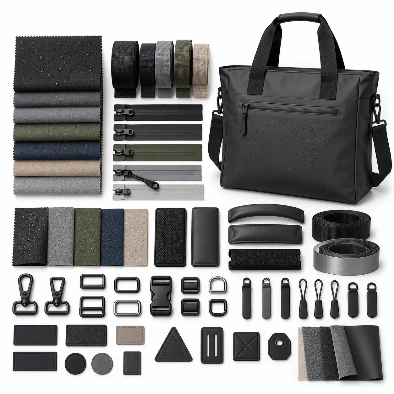 Waterproof laptop bag material and hardware customization showing coated fabrics, water-resistant zippers, hardware and branding options.