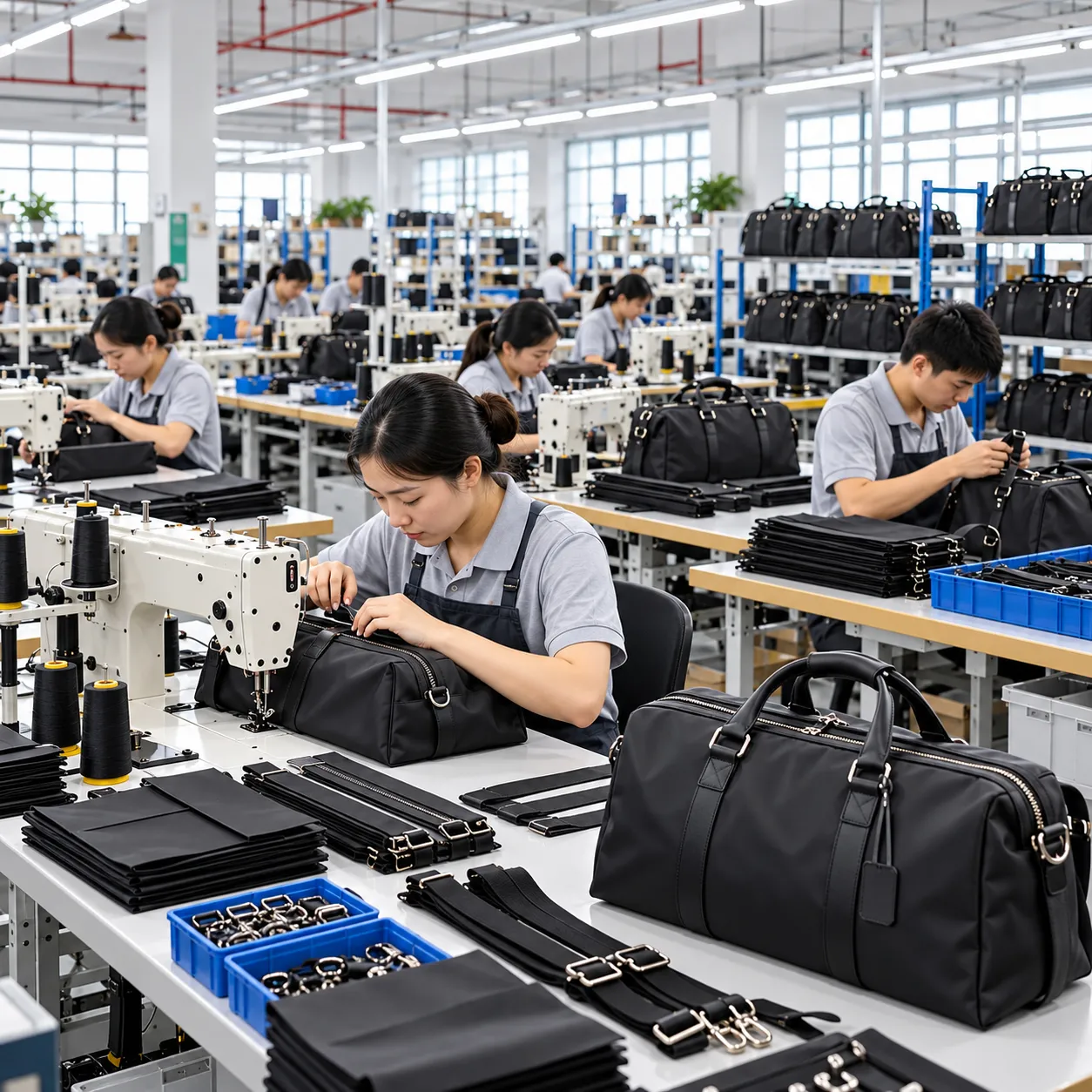 Weekender travel bag manufacturing process with workers sewing and assembling bags