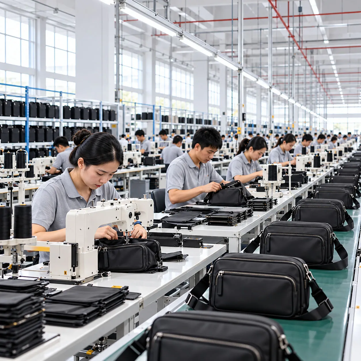 Crossbody bag manufacturing production line at Tamador factory