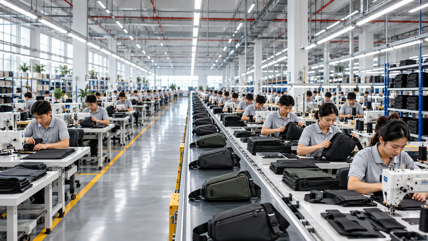 Nylon crossbody bag factory production scene