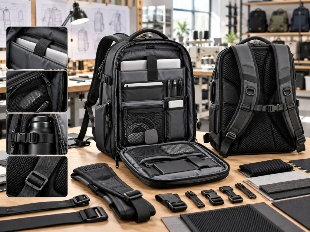 Customized backpack compartments with laptop sleeve, organizer pockets, padded straps, and back panel