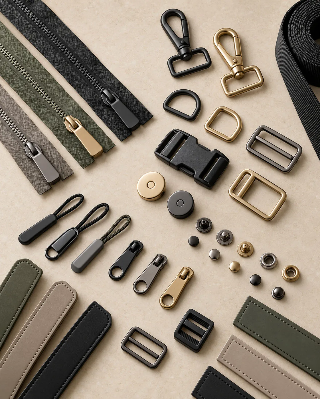 Waterproof crossbody bag zipper and hardware components