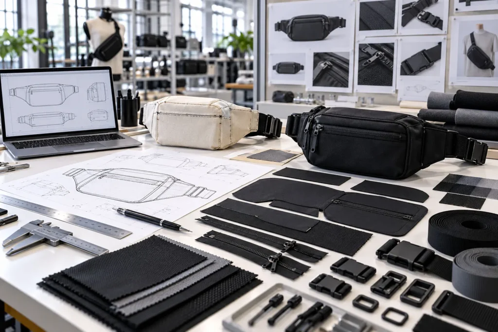 Custom fanny pack development workspace with technical drawings, fabric samples, hardware, and prototypes.