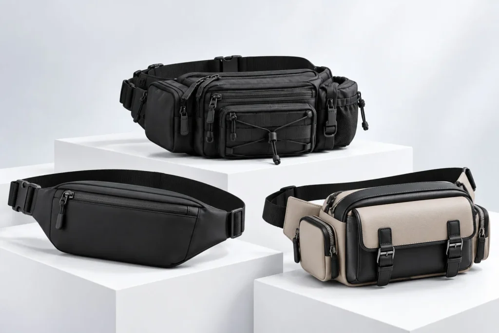 Three custom fanny pack designs featuring minimalist, outdoor, and fashion waist bag styles.
