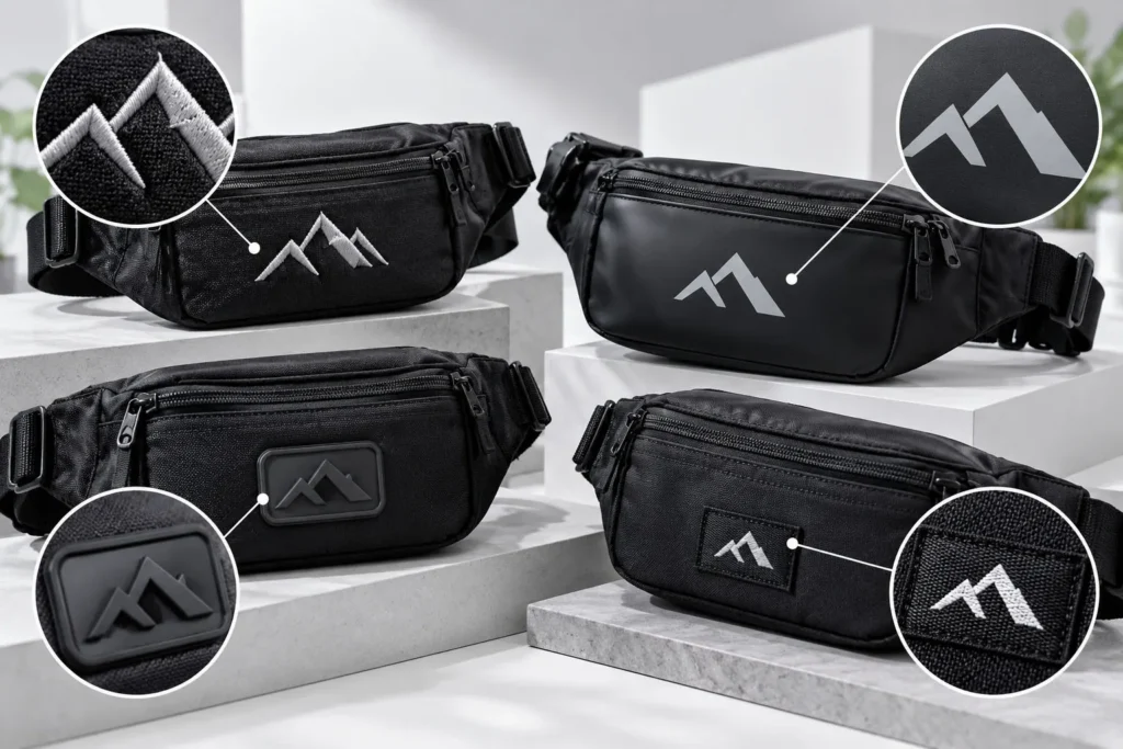 Custom fanny pack logo options including embroidery, printing, rubber patches, and woven labels.